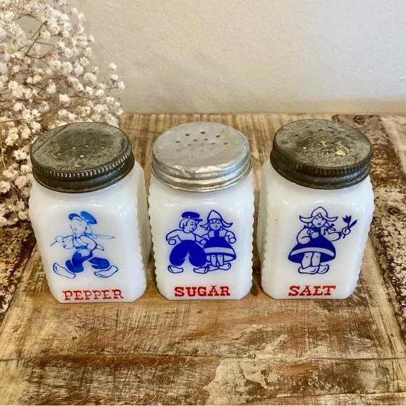 1940s Vintage Milk Glass Salt, Pepper, & Sugar Shakers Dutch Boy Girl Spice Jars - Picture 2 of 13